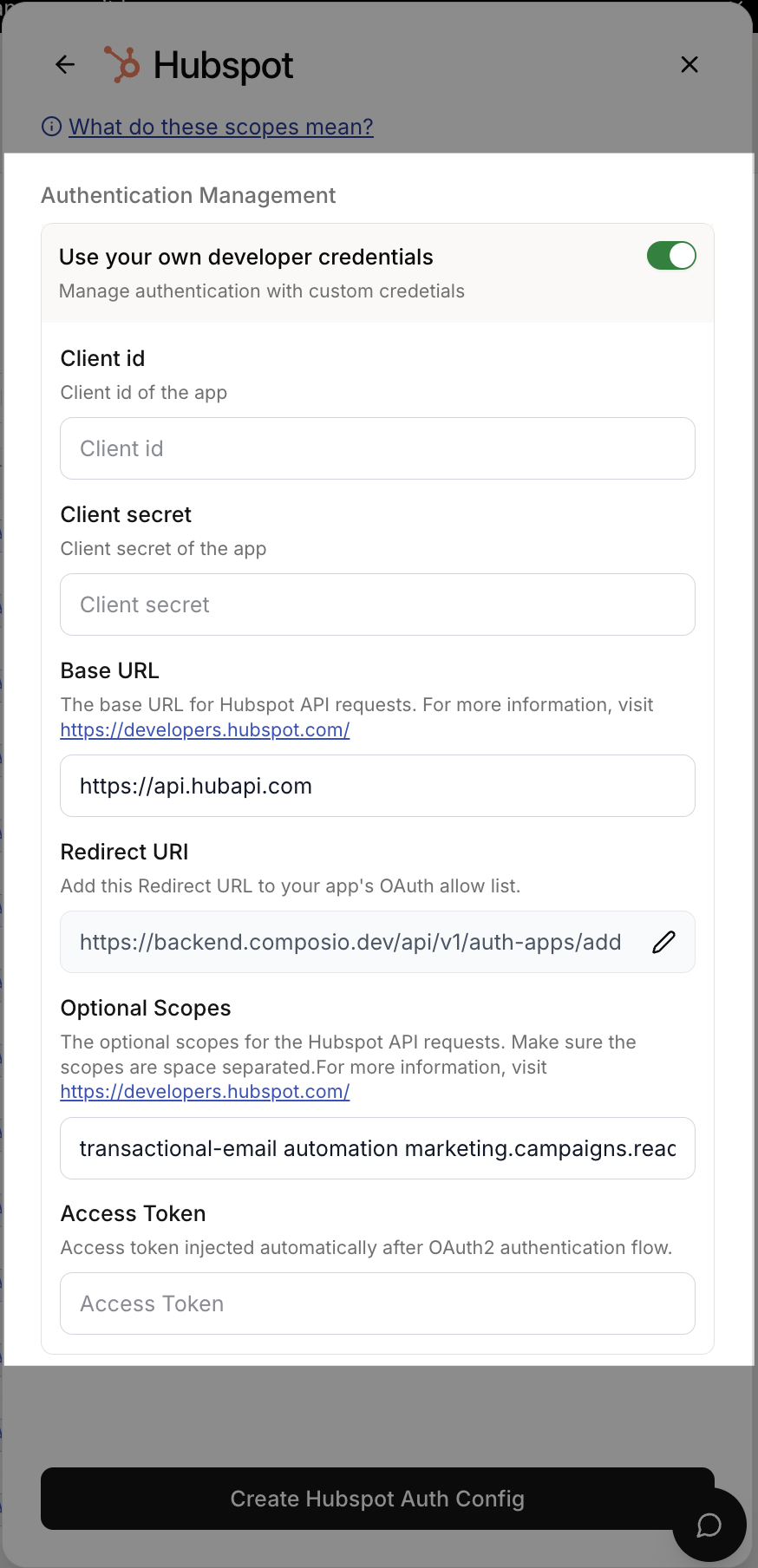 Hubspot Auth Config Settings